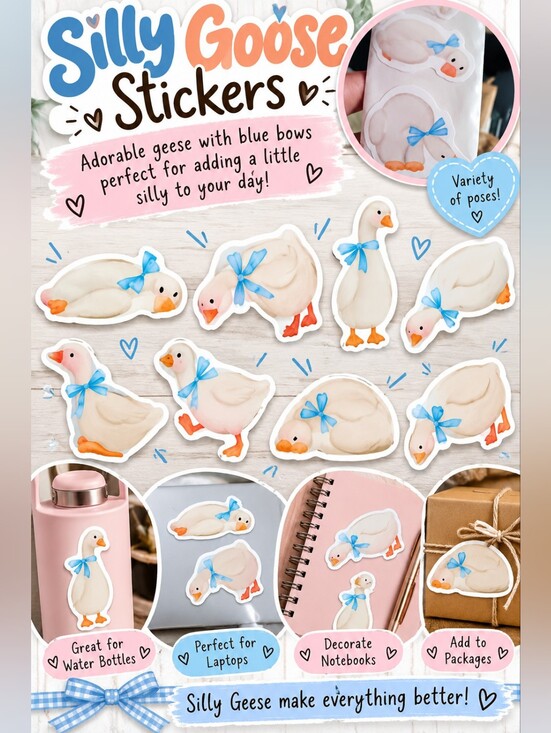 Other - Silly Goose Stickers 100ct - Blue Bow Goose Stickers